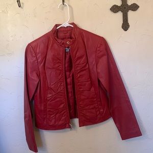 Red Leather Jacket, waist length and front zip and detail